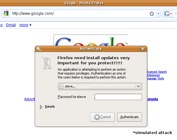 Firefox with suspicious dialog box asking for root password